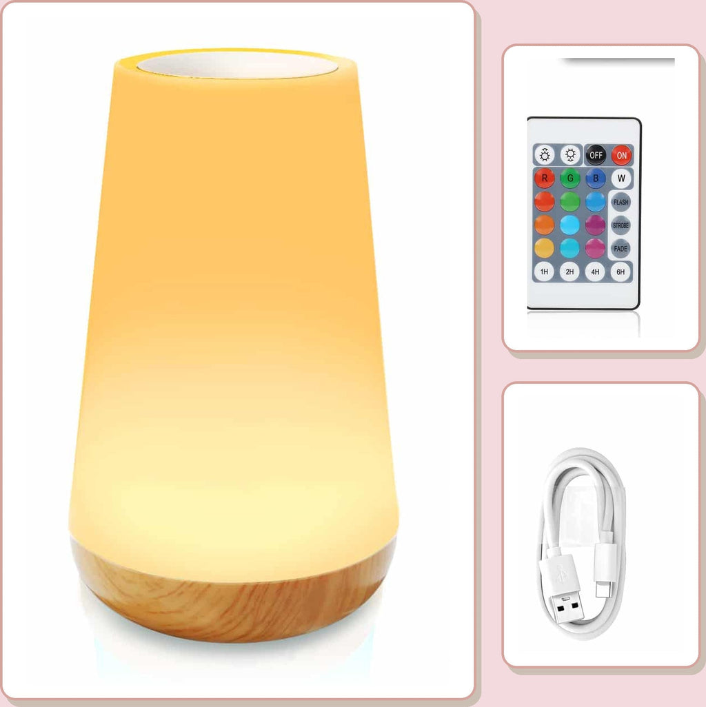 Vue entière de la lampe tactile avec son socle effet bois et sa télécommande multicolore