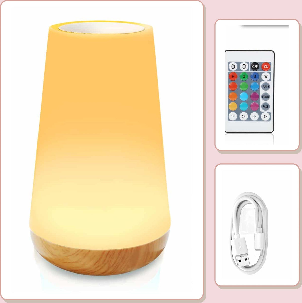 Vue entière de la lampe tactile avec son socle effet bois et sa télécommande multicolore