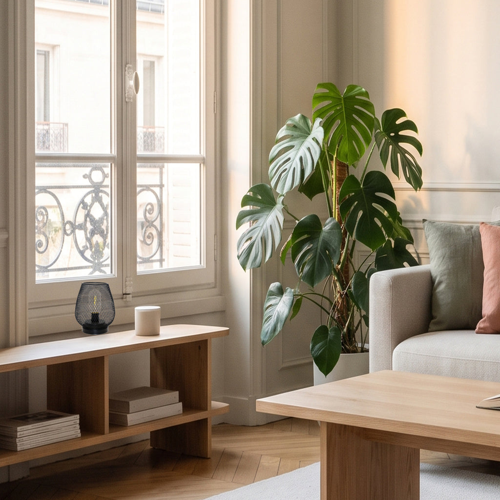 Petite lampe de table noire en fer ajouré sur une console