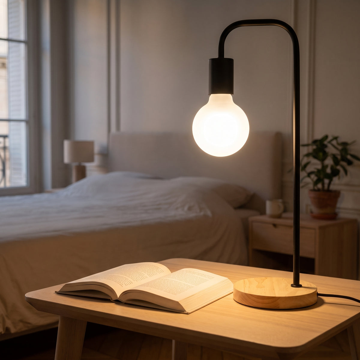 Lampe Edison noire allumée sur un livre ouvert, le soir, près du lit Image