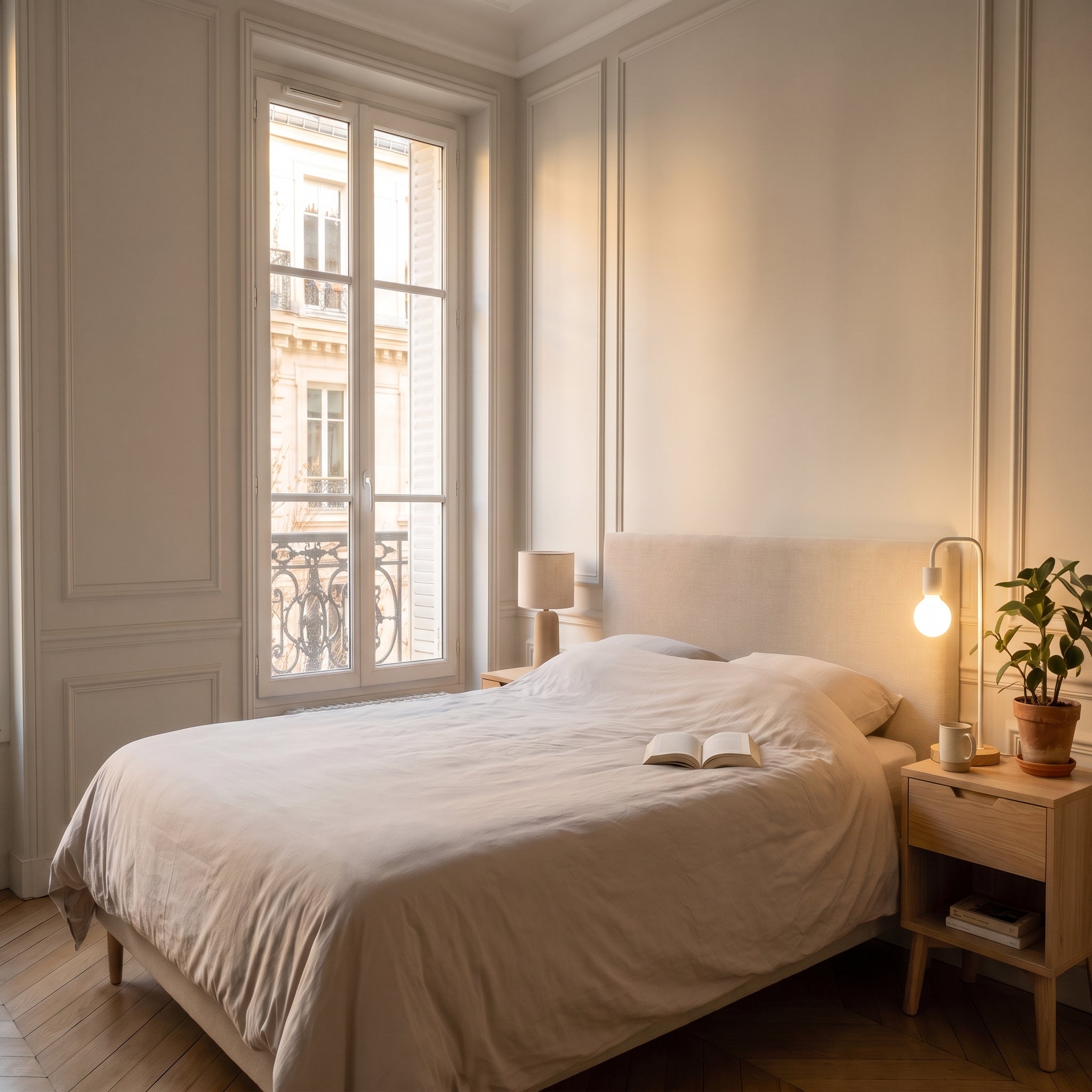 Lampe Edison blanche allumée sur la table de chevet, dans la lumière du jour Image