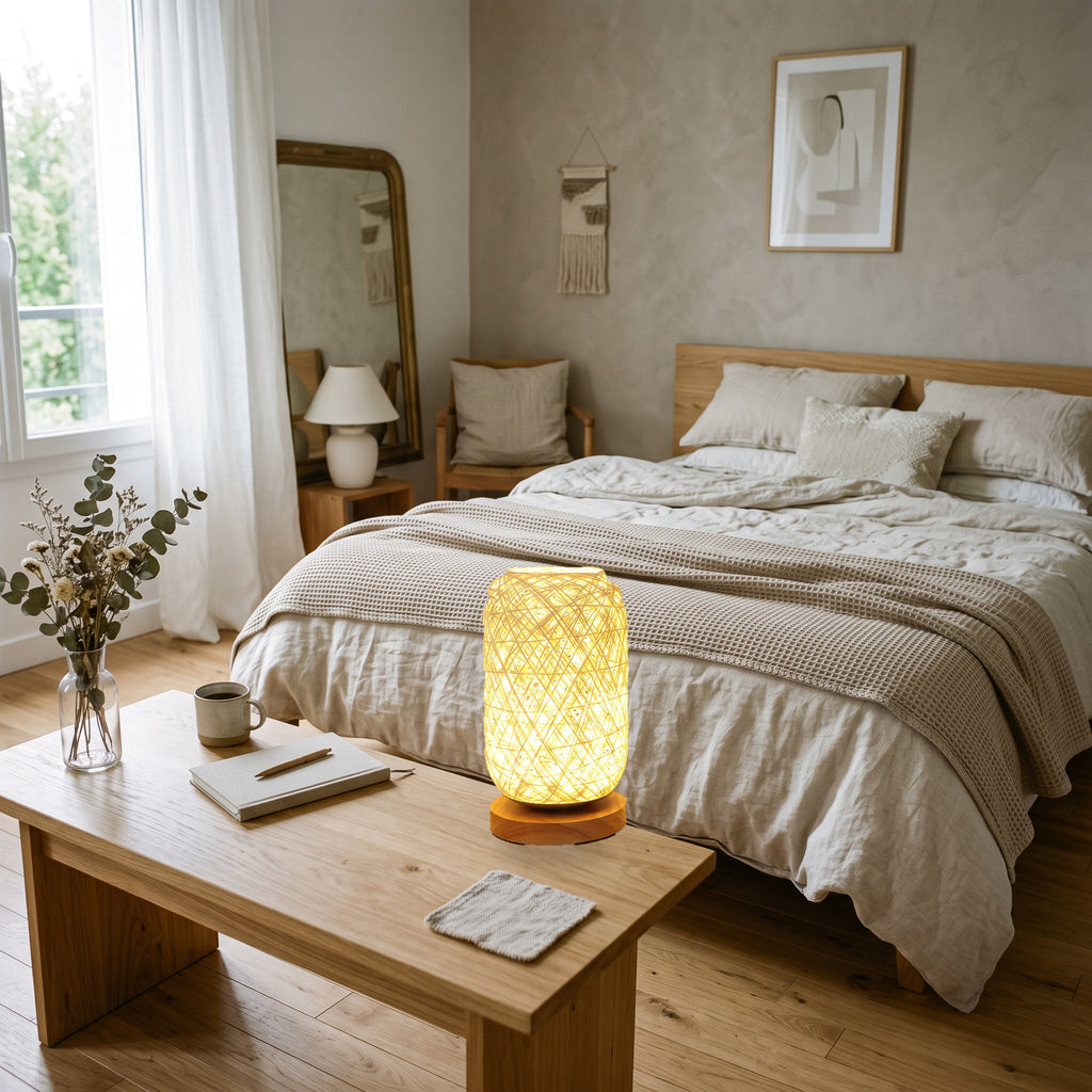 Lampe de table effet rotin beige allumée sur une table de chevet