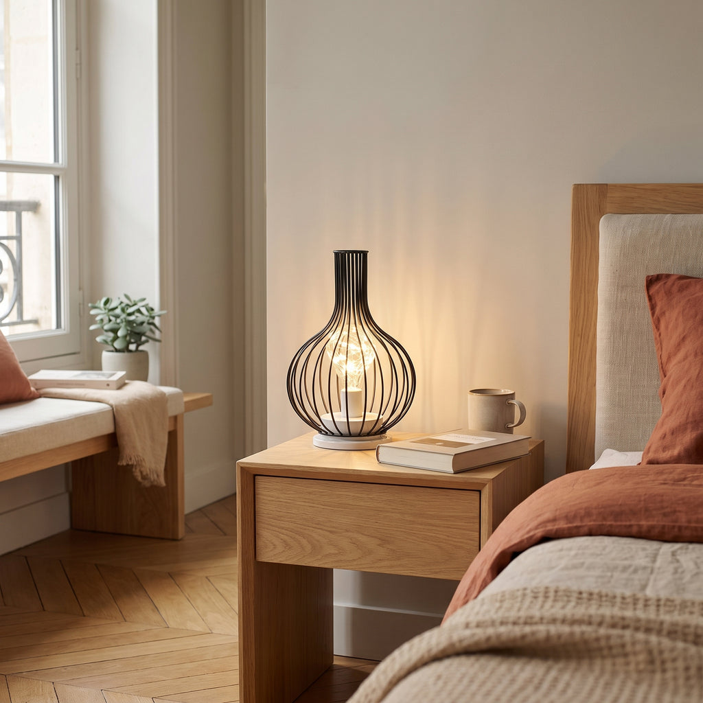 Lampe de table en fil de fer carafe allumée sur une table de chevet en bois clair
