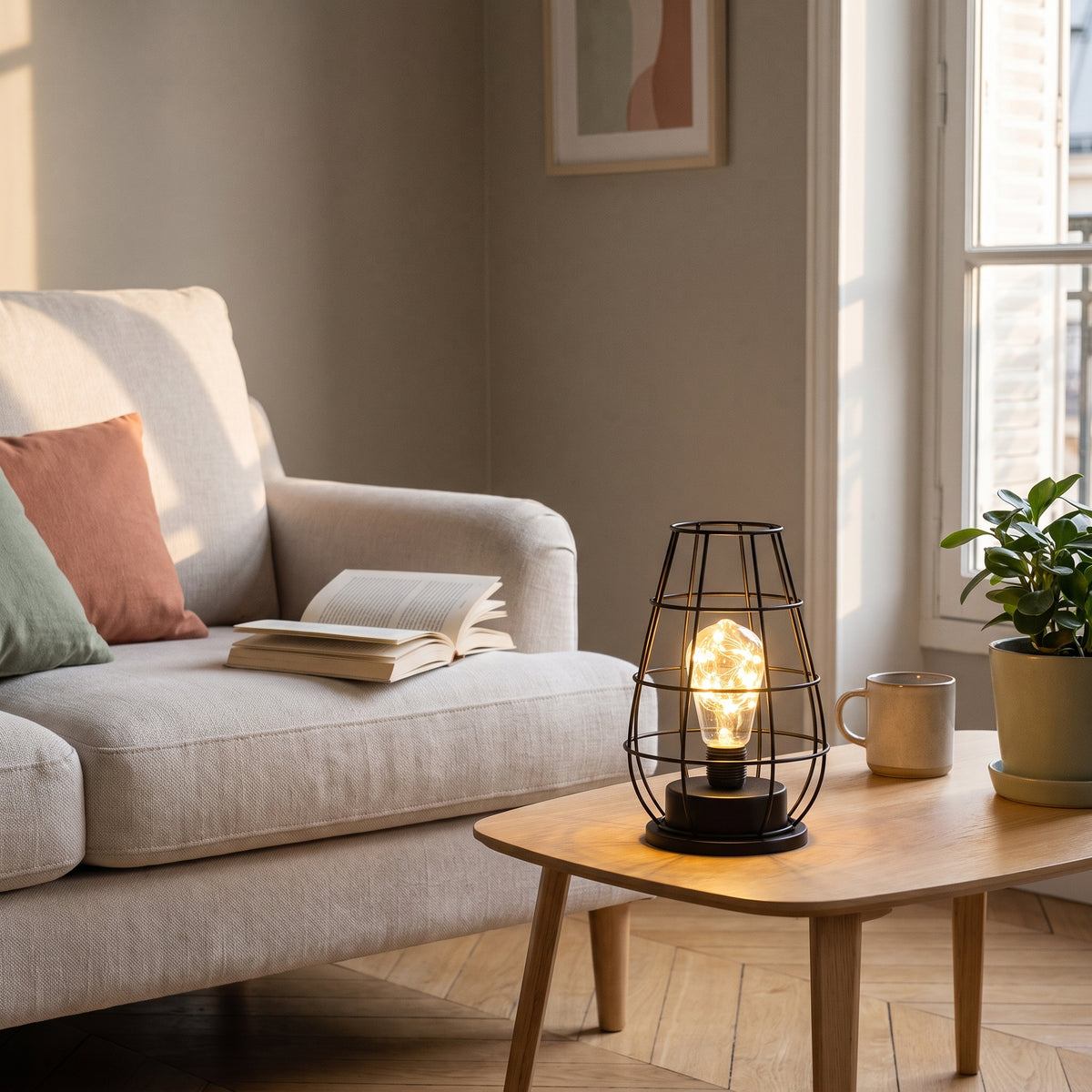 Lampe de table en fil de fer vase allumée sur une table basse près d'un fauteuil de lecture