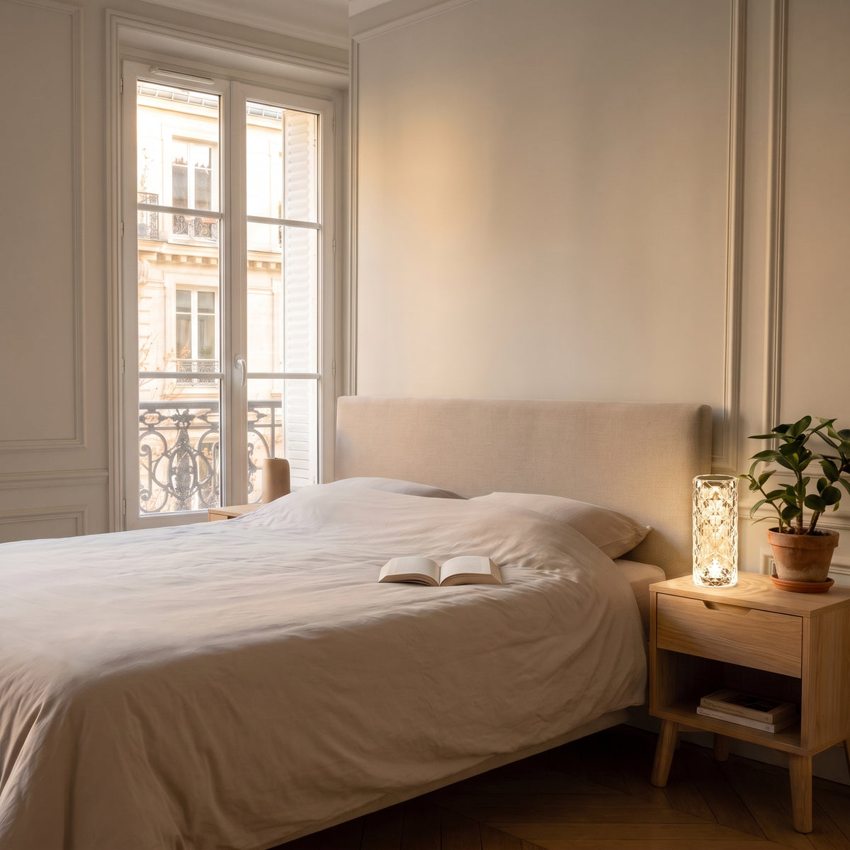 Lampe LED crystal touch posée sur une table de chevet, à côté du lit Image