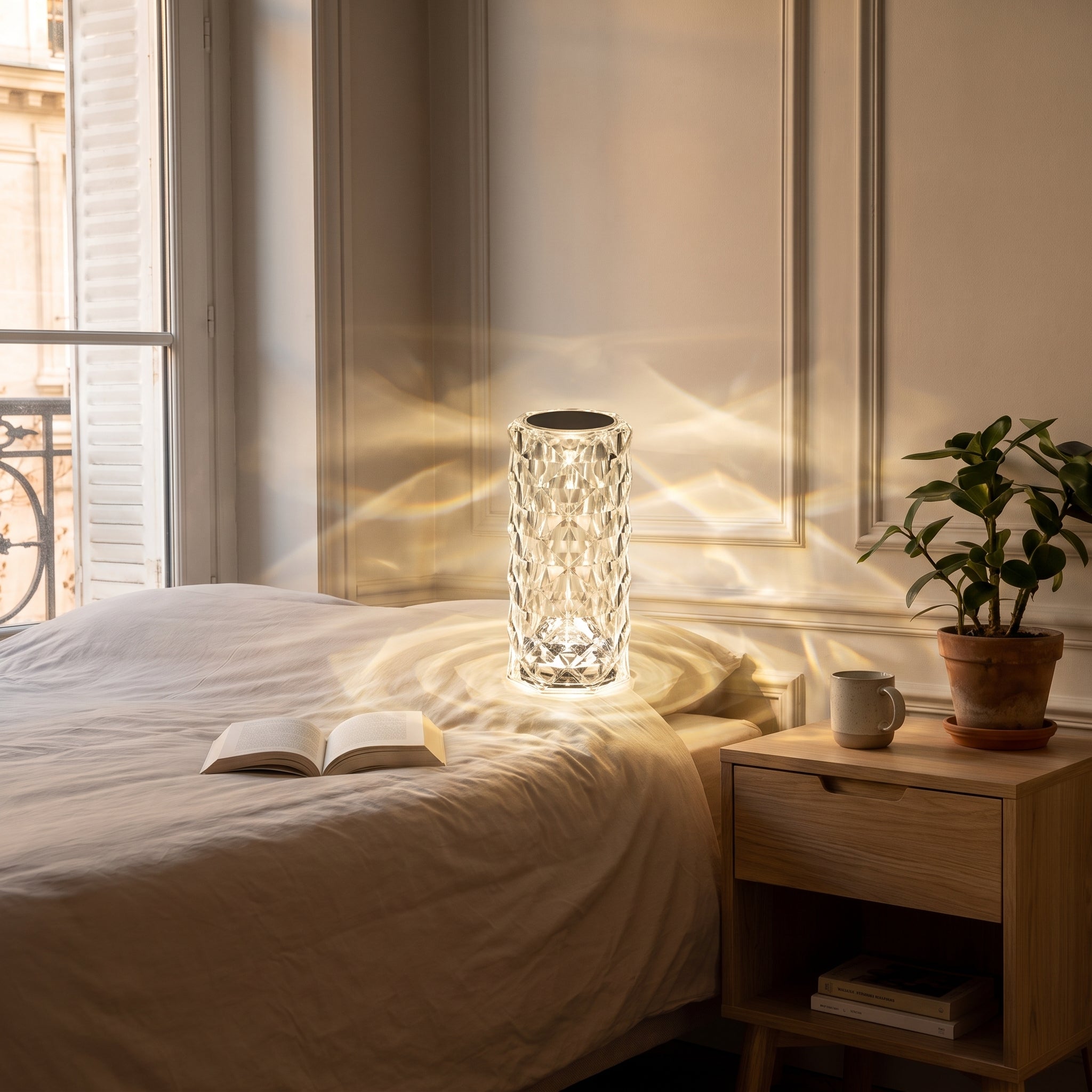 Lampe LED crystal touch allumée en lumière chaude, vue depuis le lit, sur la table de chevet Image