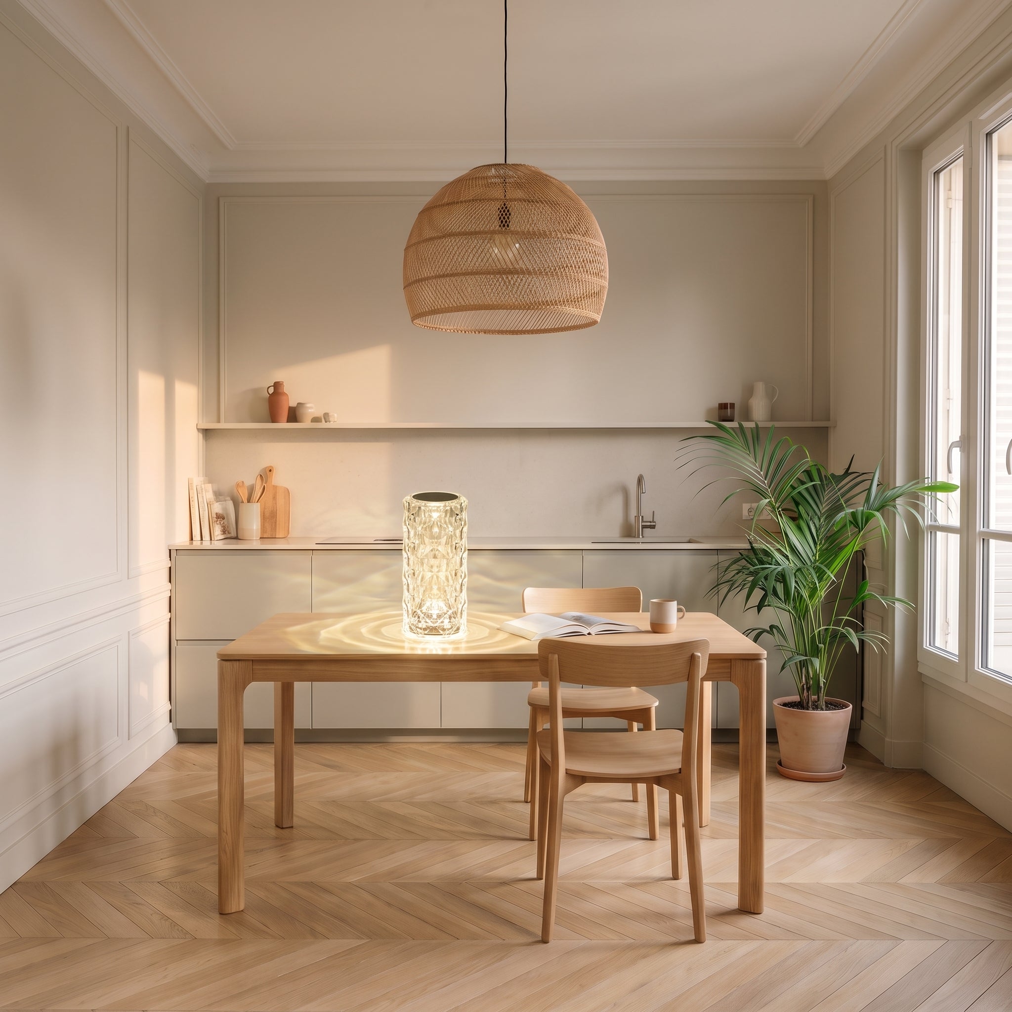 Lampe LED crystal touch allumée en lumière chaude sur la table du coin repas Image
