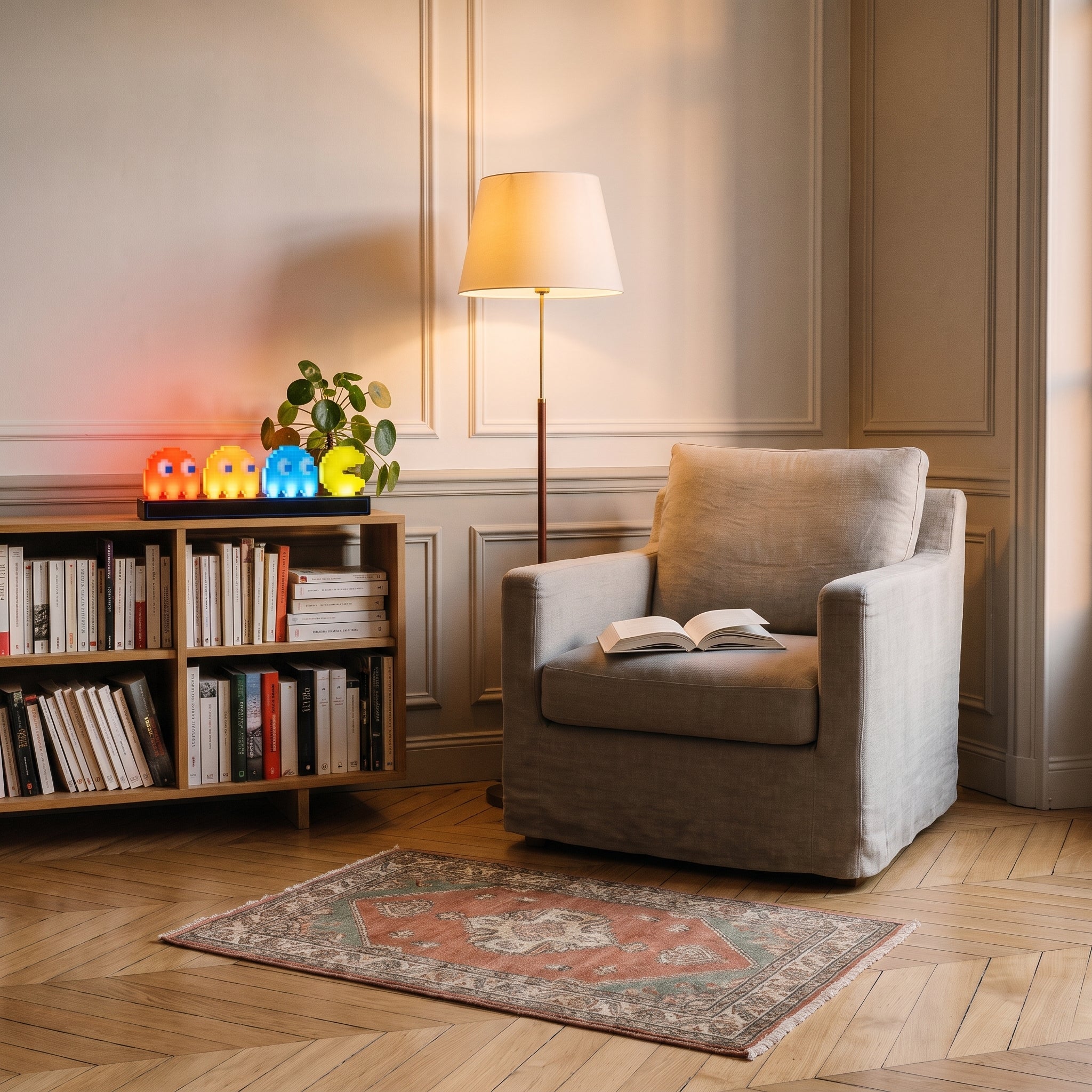 Lampe LED pixel Pac Man allumée près du fauteuil de lecture, à côté d'un livre ouvert Image