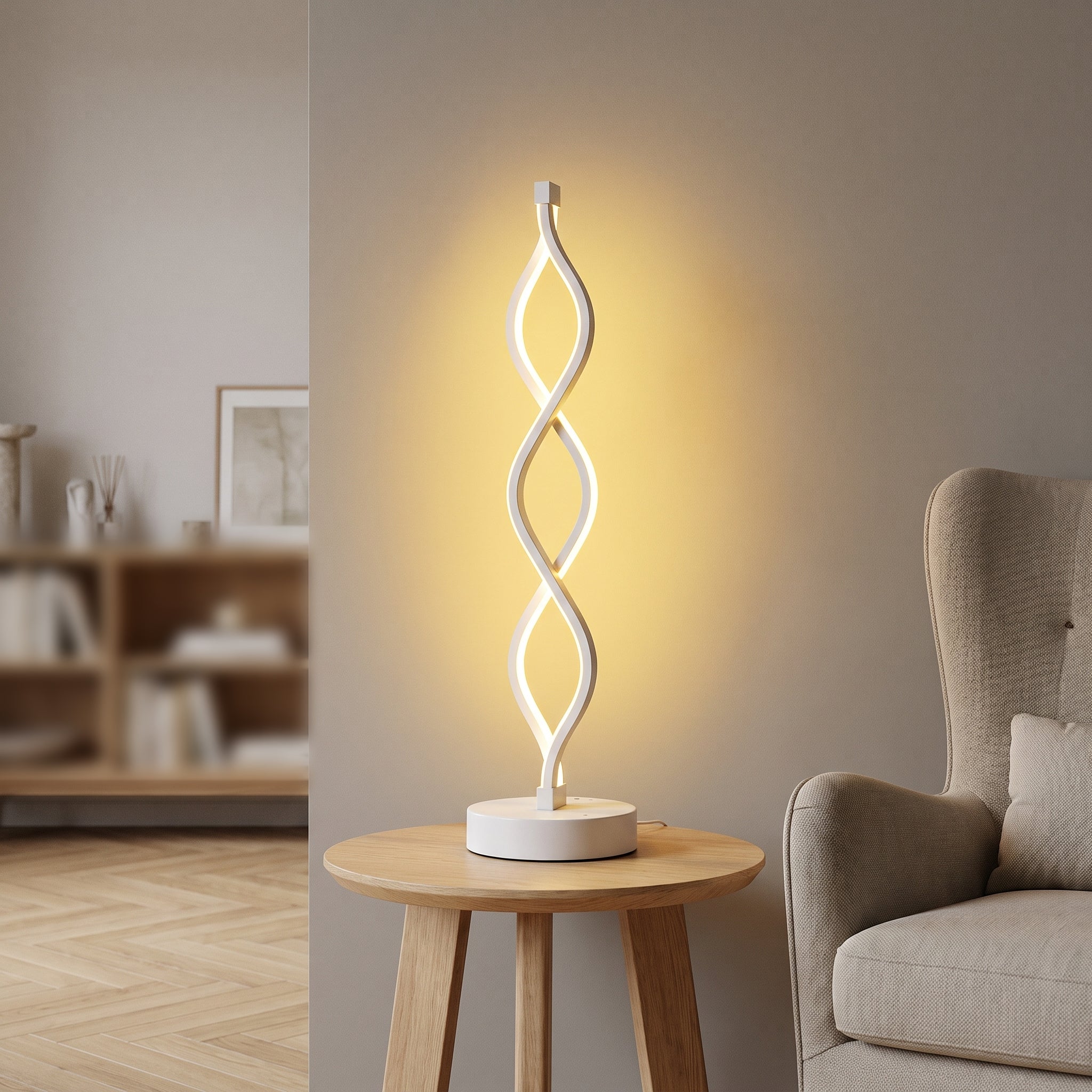 Lampe LED spirale modèle 2 à lumière jaune près d’un fauteuil de lecture Image