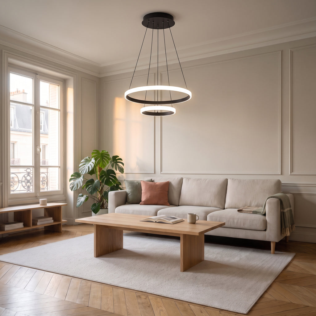 Plafonnier LED noir à deux anneaux avec pavillon rond et câbles visibles au plafond