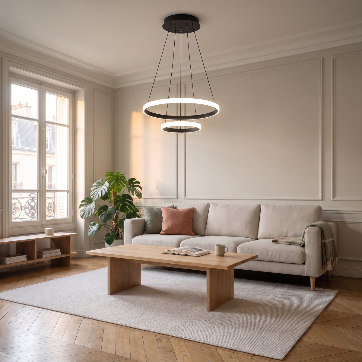 Plafonnier LED noir à deux anneaux avec pavillon rond et câbles visibles au plafond