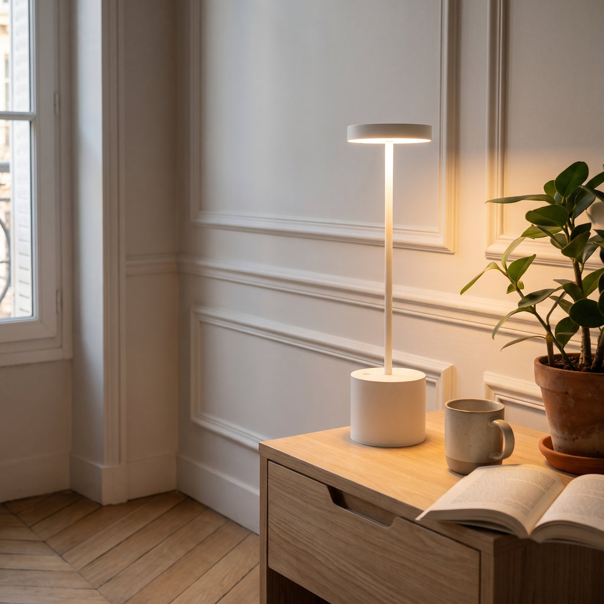 Lampe LED tactile blanche allumée sur une table de chevet