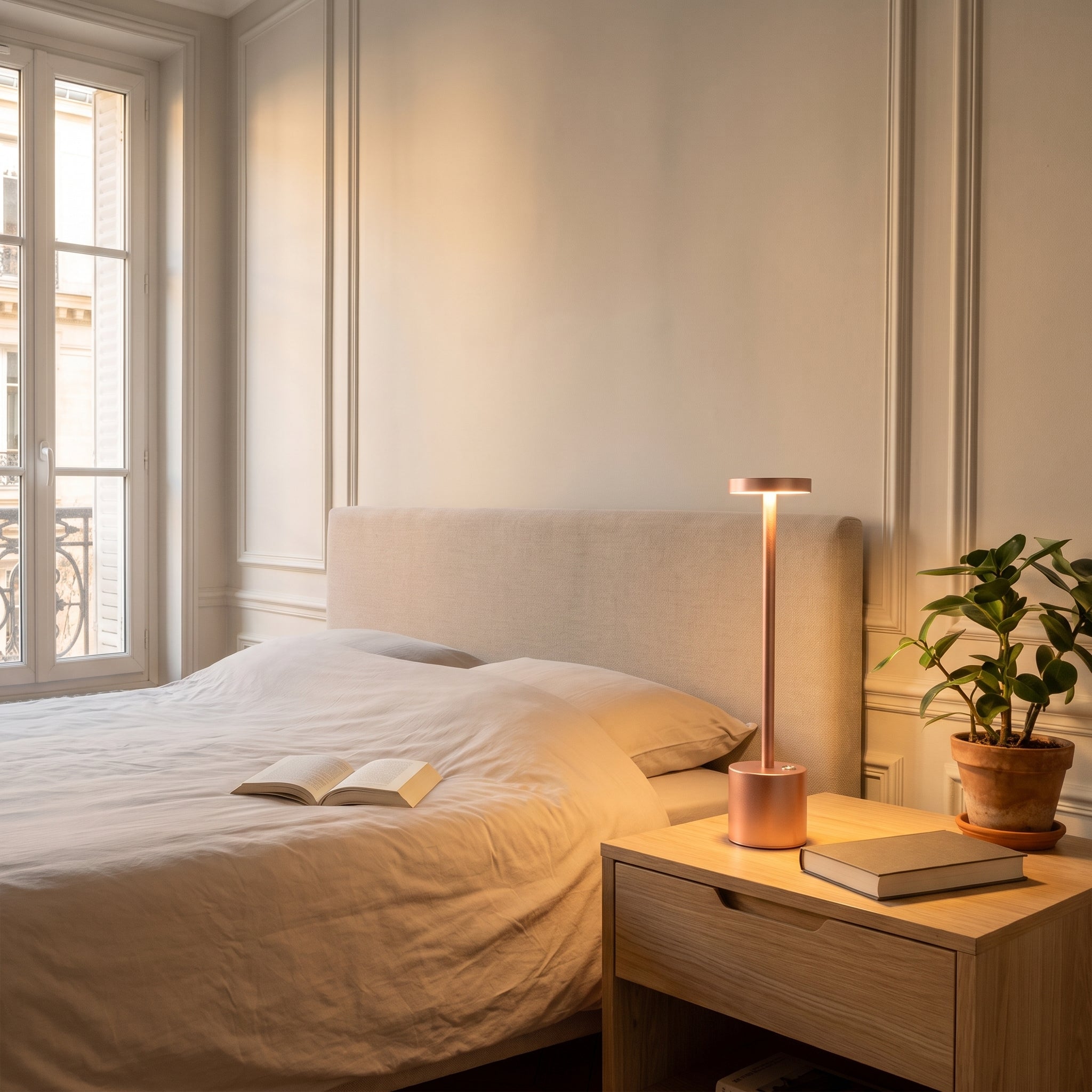Lampe LED tactile rose doré allumée sur une table de chevet Image