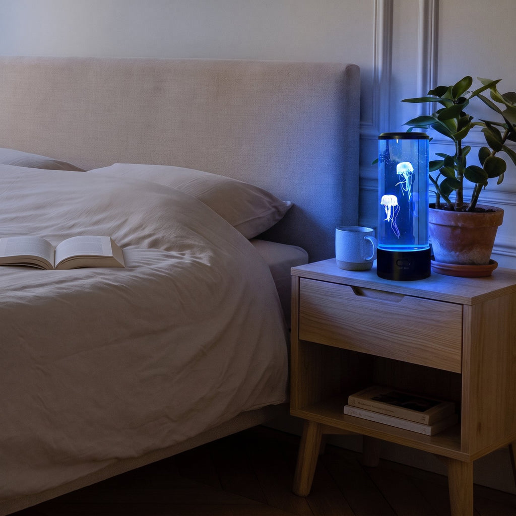 Lampe méduse allumée en bleu sur une table de chevet, à côté d'une tasse et d'une plante
