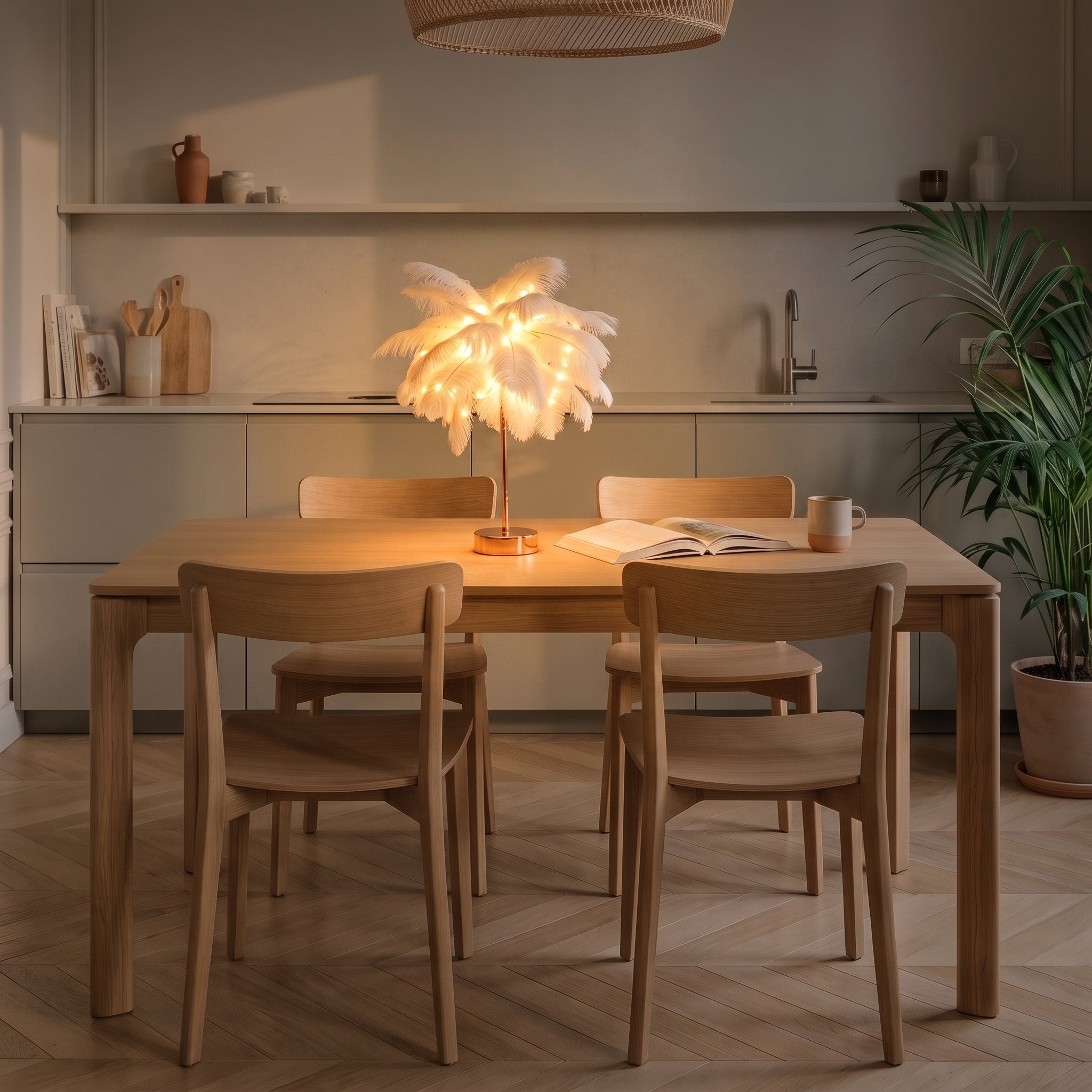 Lampe à plumes blanches allumée au milieu d'une table de salle à manger Image