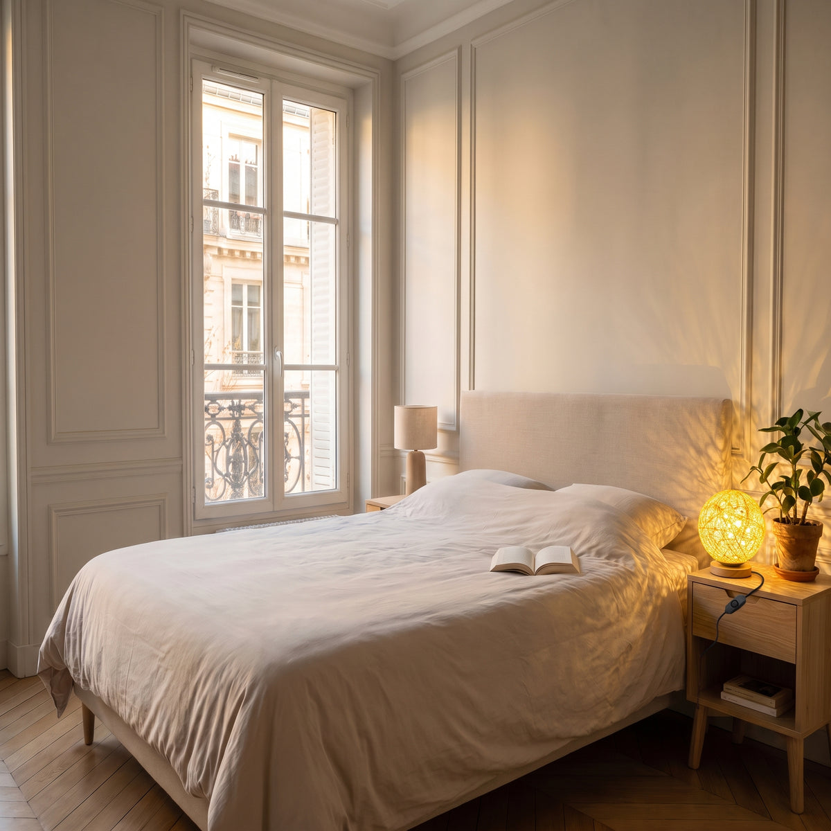 Lampe ronde en osier dans une chambre, à l'échelle Image