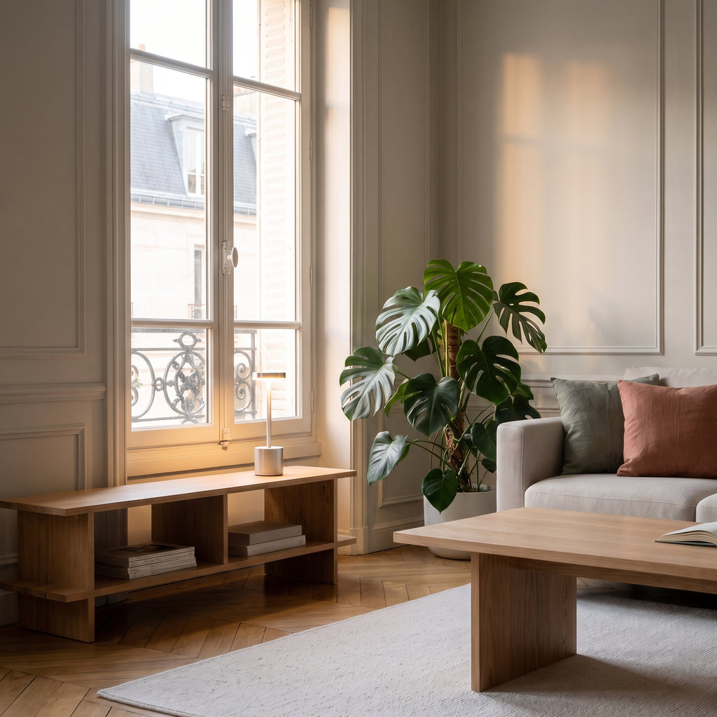 Lampe de table tactile argentée allumée sur une console sous une fenêtre