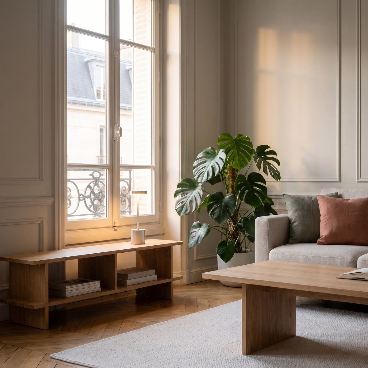 Lampe de table tactile argentée allumée sur une console sous une fenêtre