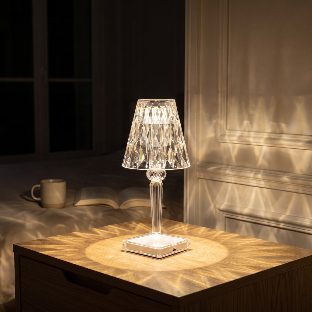 Lampe de chevet effet cristal allumée sur une table de nuit dans une chambre la nuit, ses facettes projetant des rayons de lumière chaude sur le mur