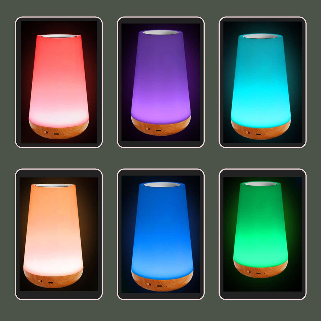 Six teintes lumineuses de la lampe de chevet tactile présentées sur fond vert sauge