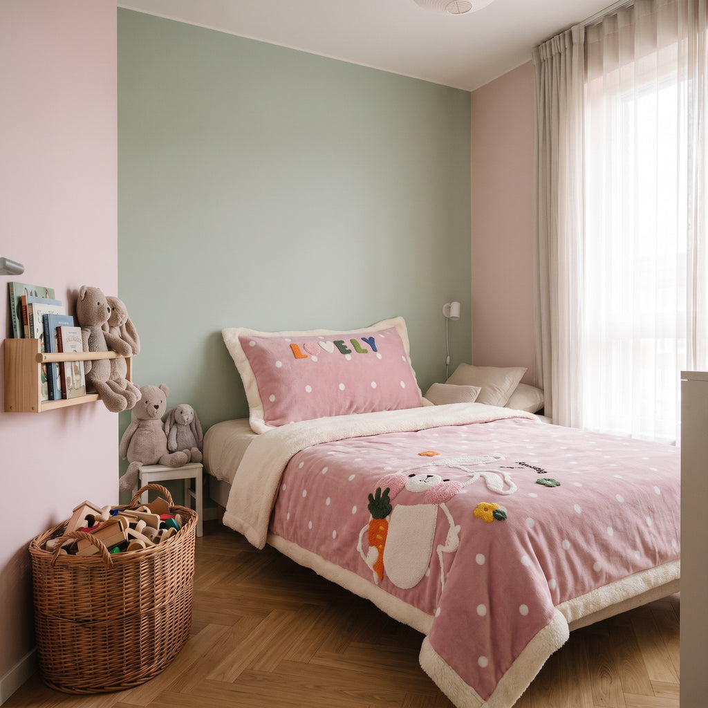 Parure de lit enfant au petit lapin, la taie d'oreiller et la couverture sur le lit