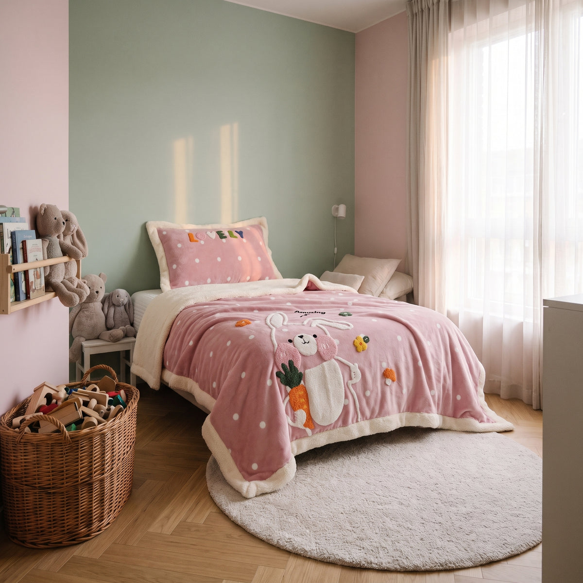 Parure de lit enfant au petit lapin, dépliée sur un lit d'enfant