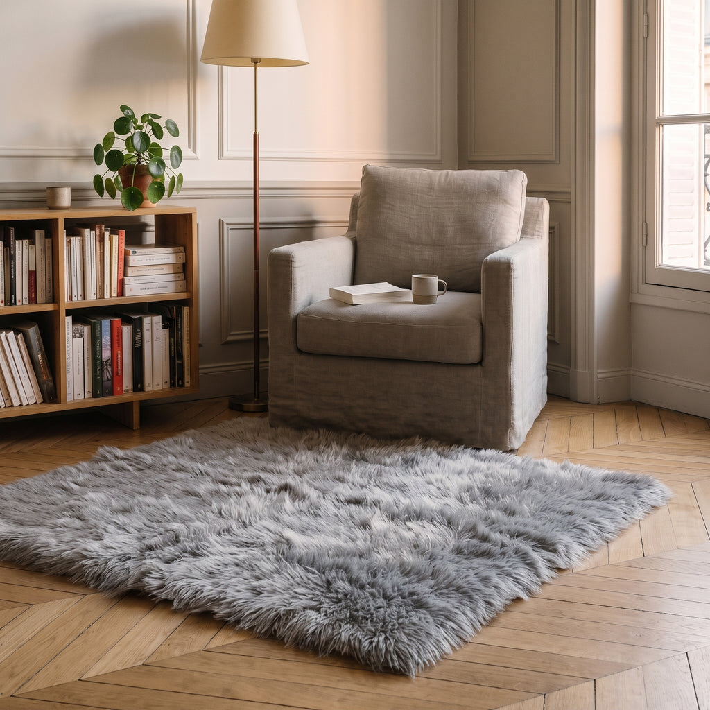 Tapis cocooning en fourrure extra longue, coloris gris, devant un fauteuil de lecture