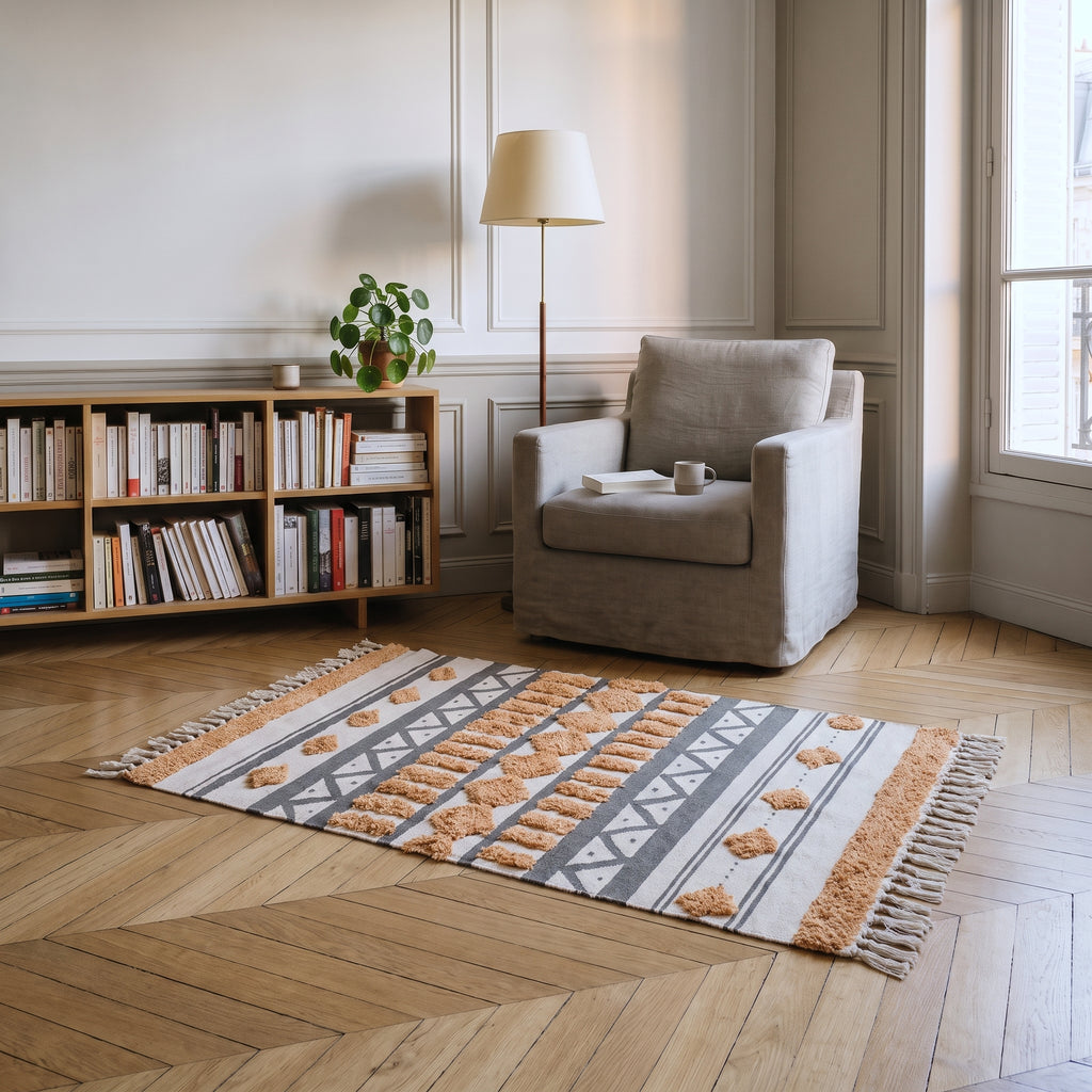 Tapis d'inspiration orientale posé devant un fauteuil dans un coin lecture
