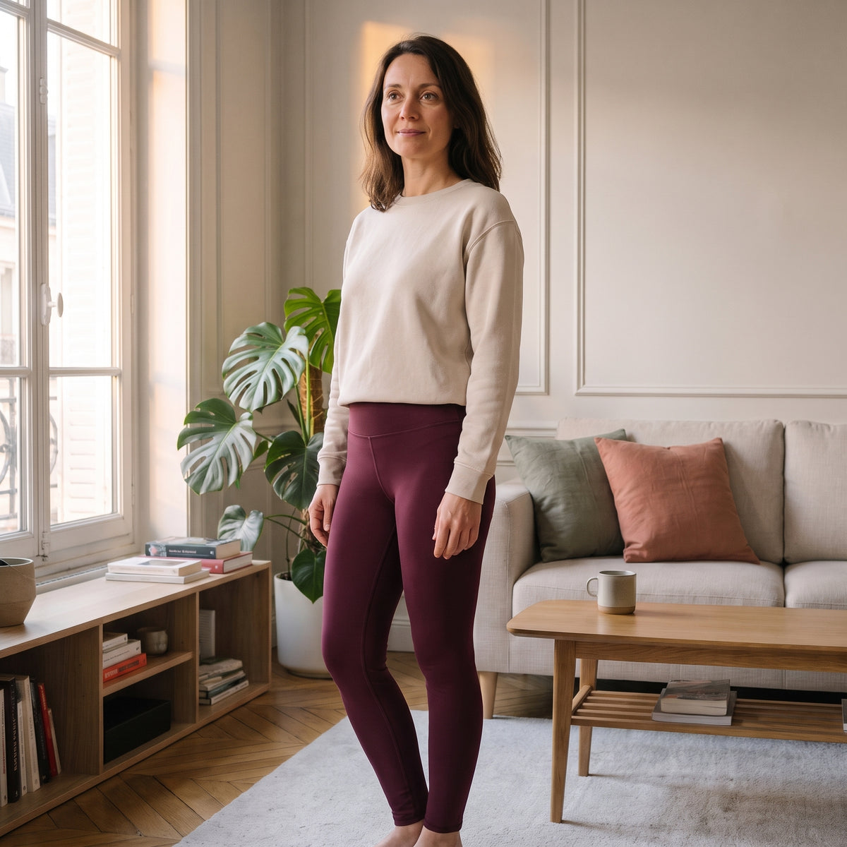 Femme du casting portant le legging bordeaux dans un salon Image