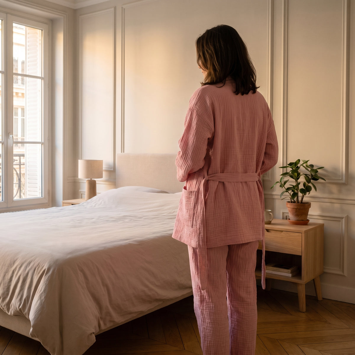 Pyjama kimono gaze de coton porté femme - dos
