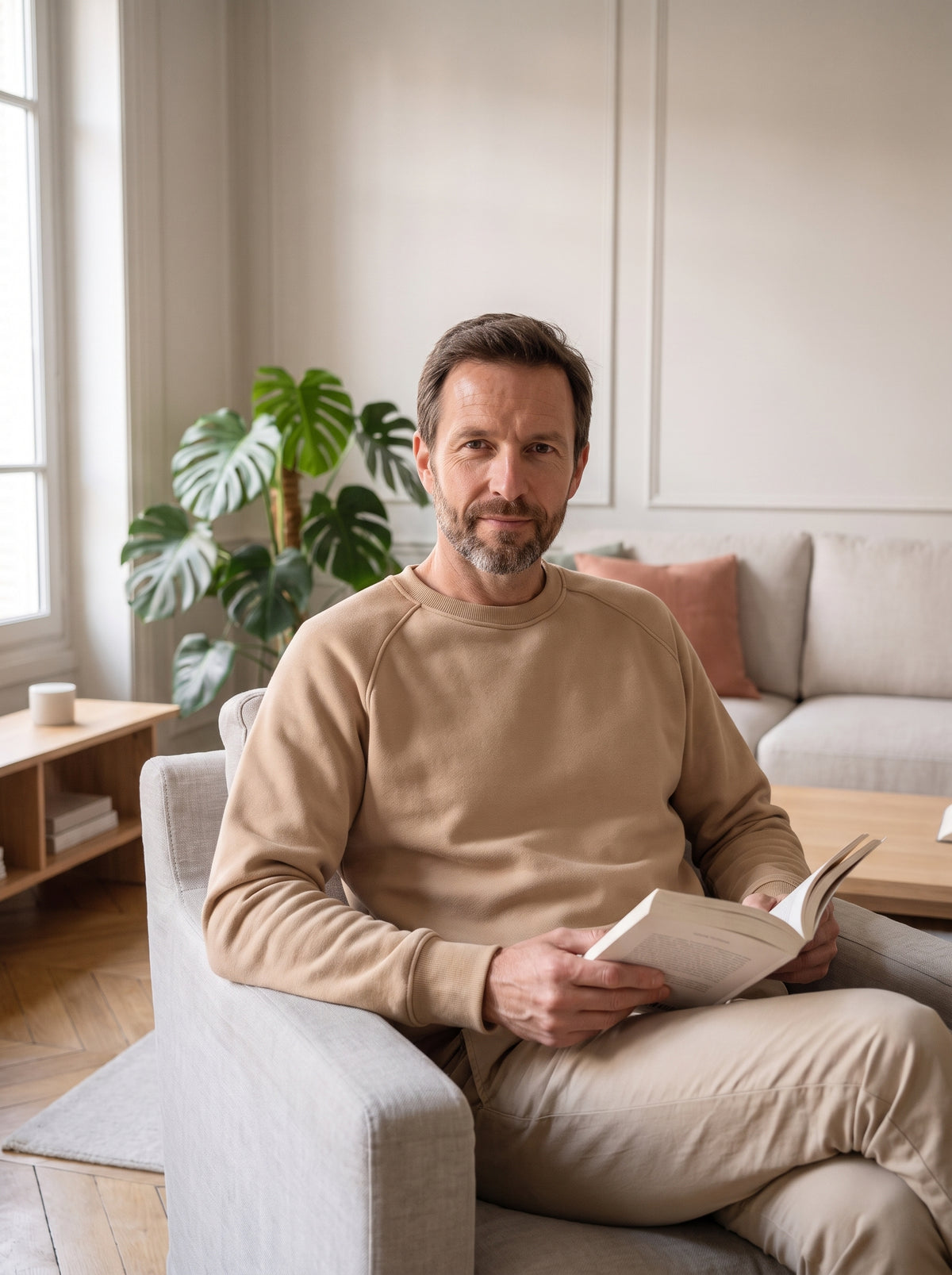 Homme lisant dans un fauteuil avec le sweat classique beige
