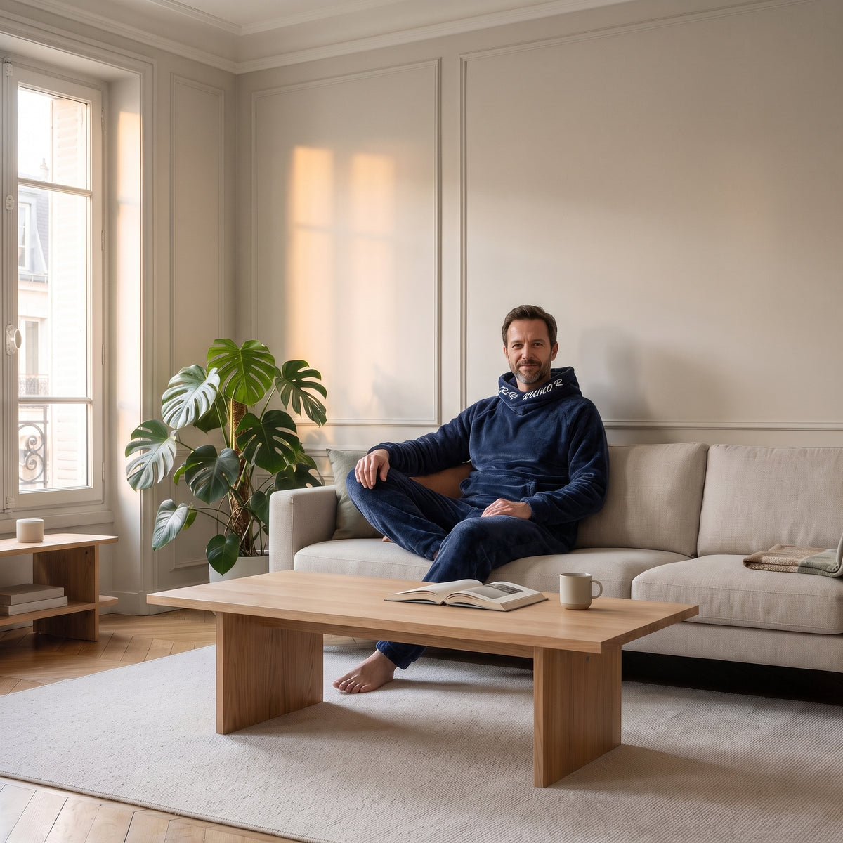 Pyjama homme à capuche bleu porté assis dans un salon