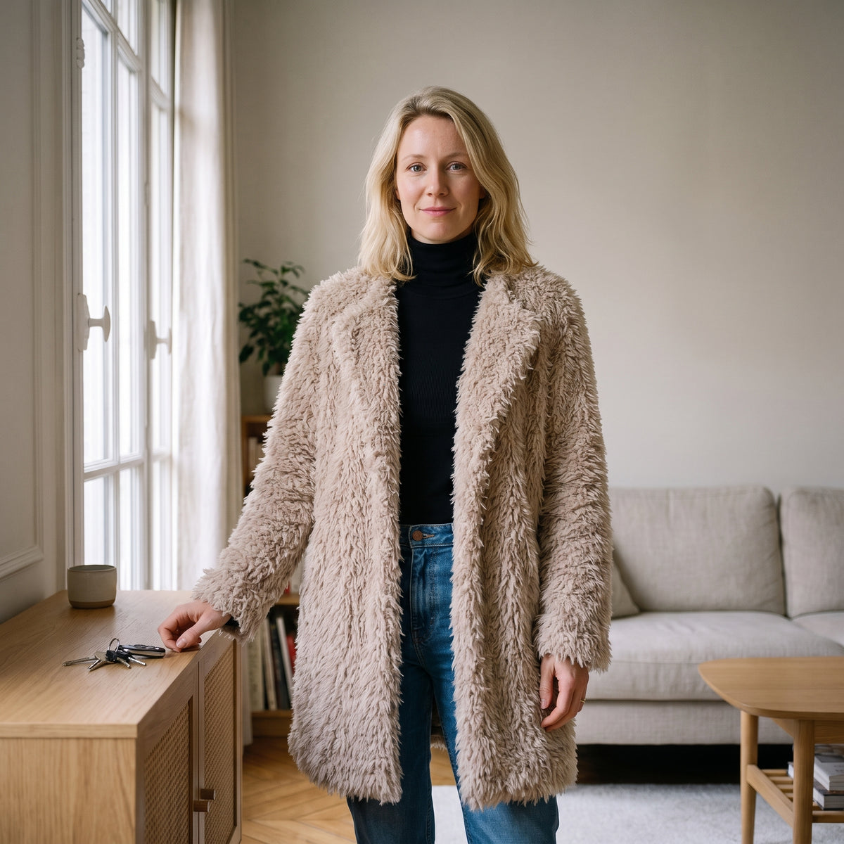 Femme du casting en manteau beige à poils près de l'entrée de son appartement