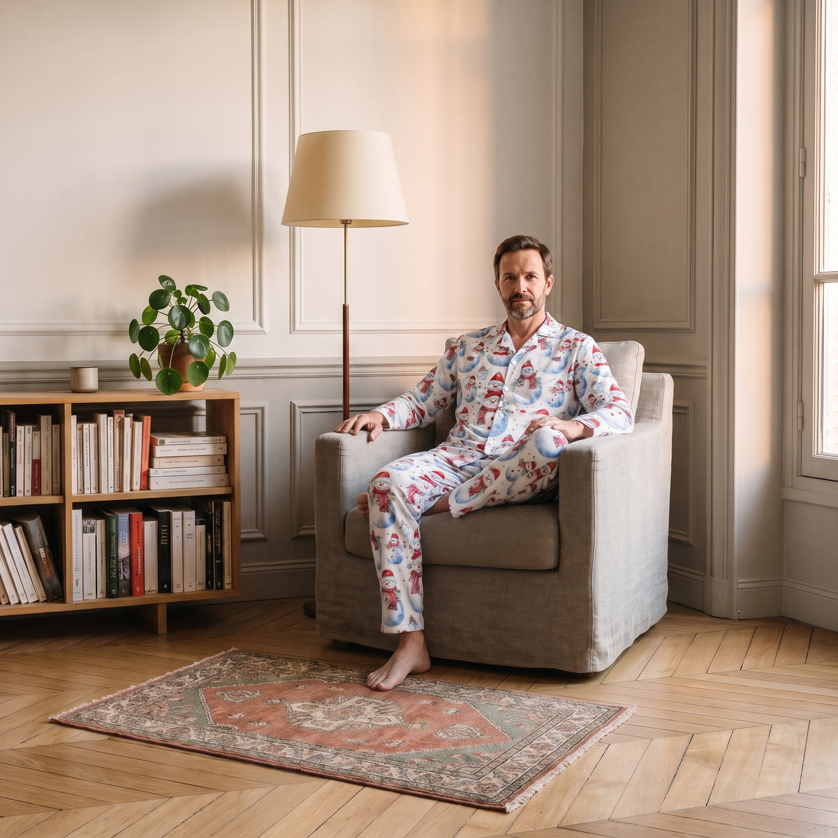 Pyjama de Noël homme fidèle à la source porté dans un coin lecture