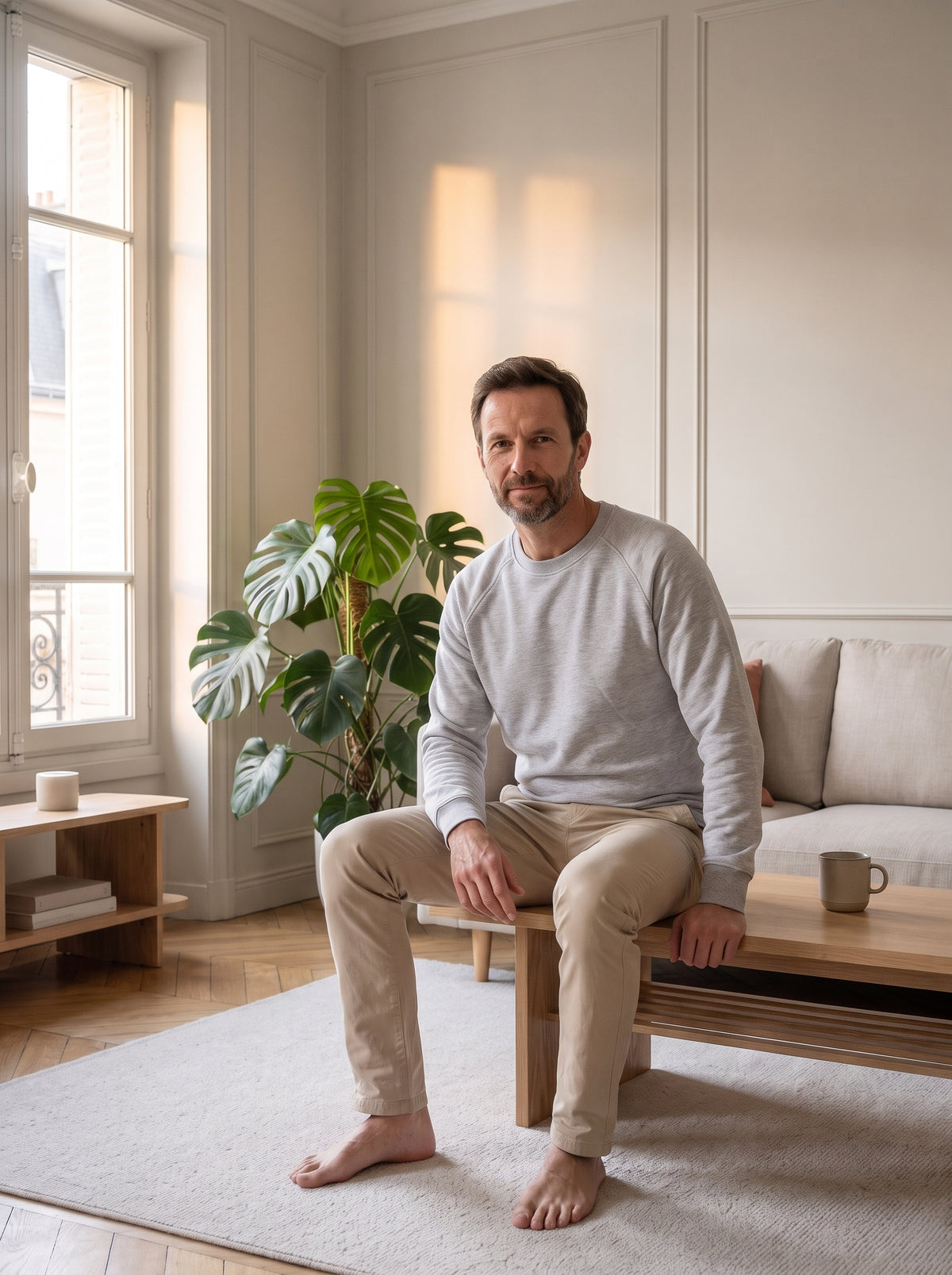 Homme assis dans le salon avec le sweat classique gris clair