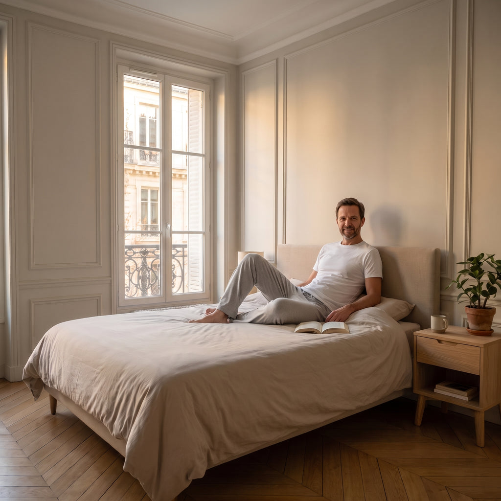 Pantalon de pyjama gris porté dans la chambre