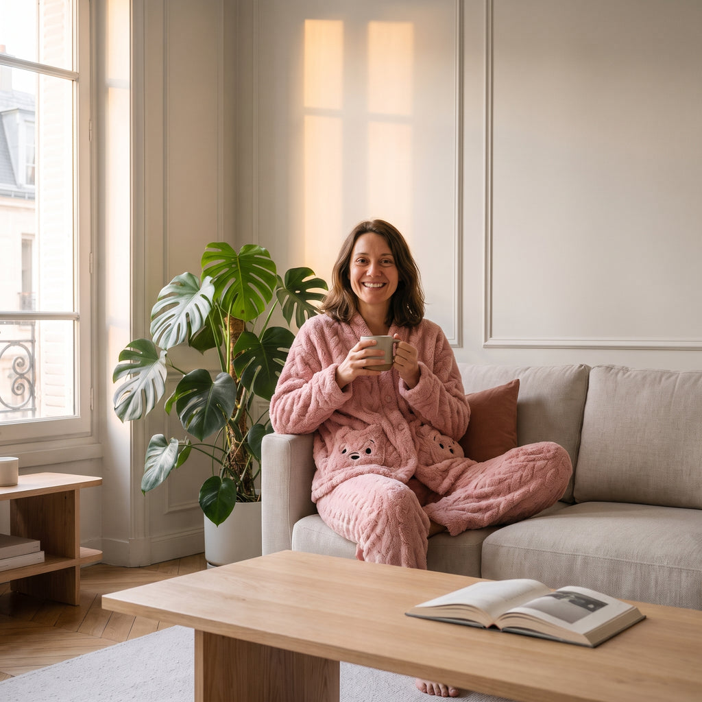Femme en pyjama en peluche ourson rose, assise dans le canapé d'un salon, une tasse entre les mains