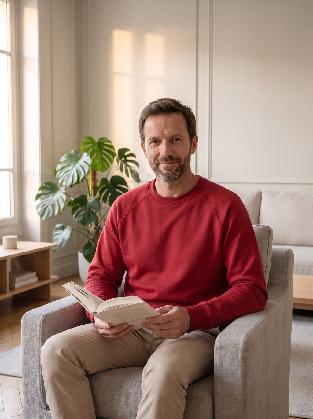 Homme lisant dans un fauteuil avec le sweat classique rouge