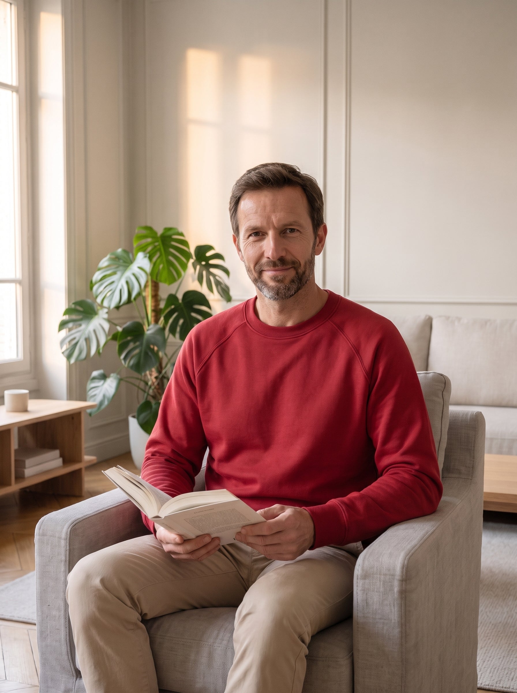 Homme lisant dans un fauteuil avec le sweat classique rouge Image