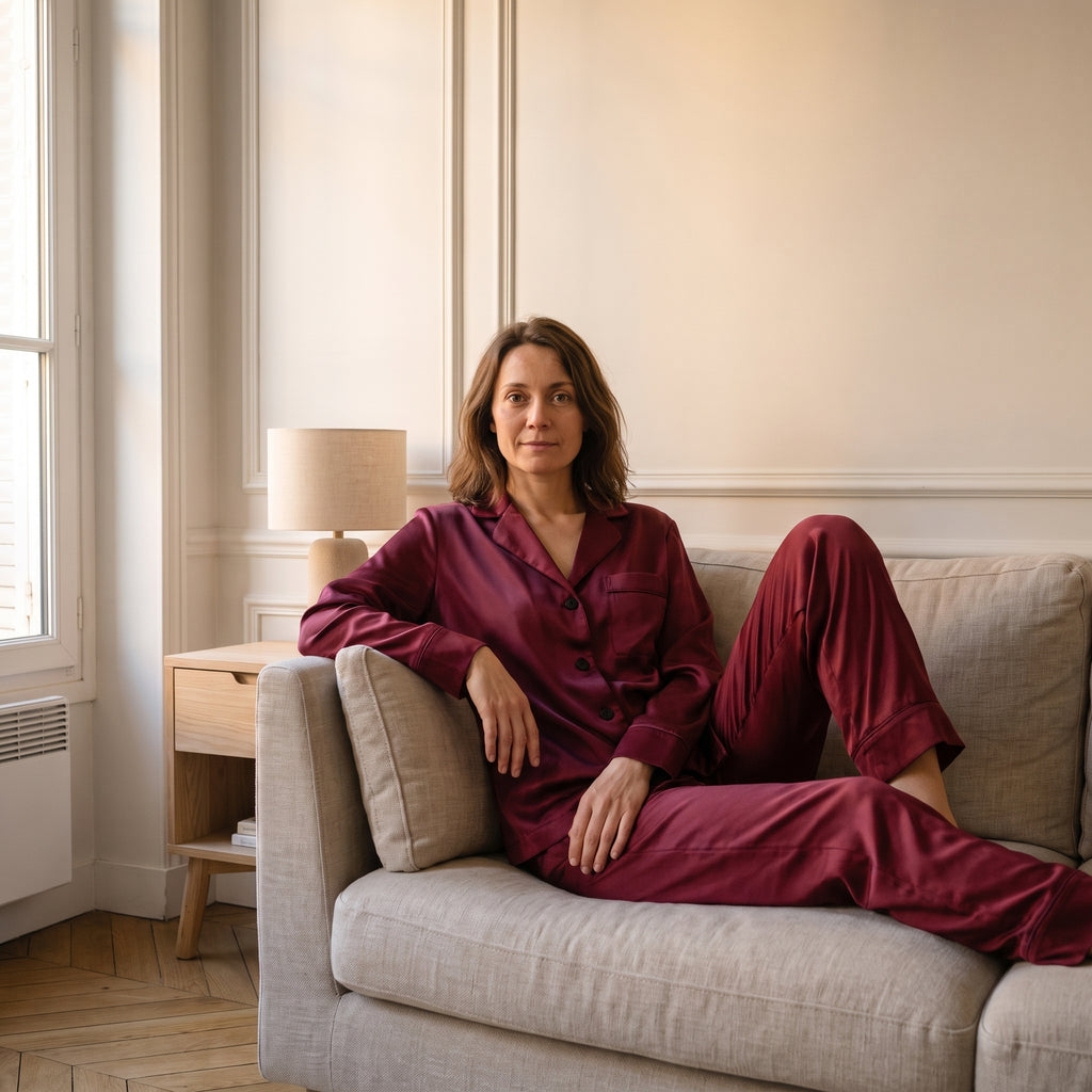 Pyjama satiné rouge porté au salon pendant un moment calme