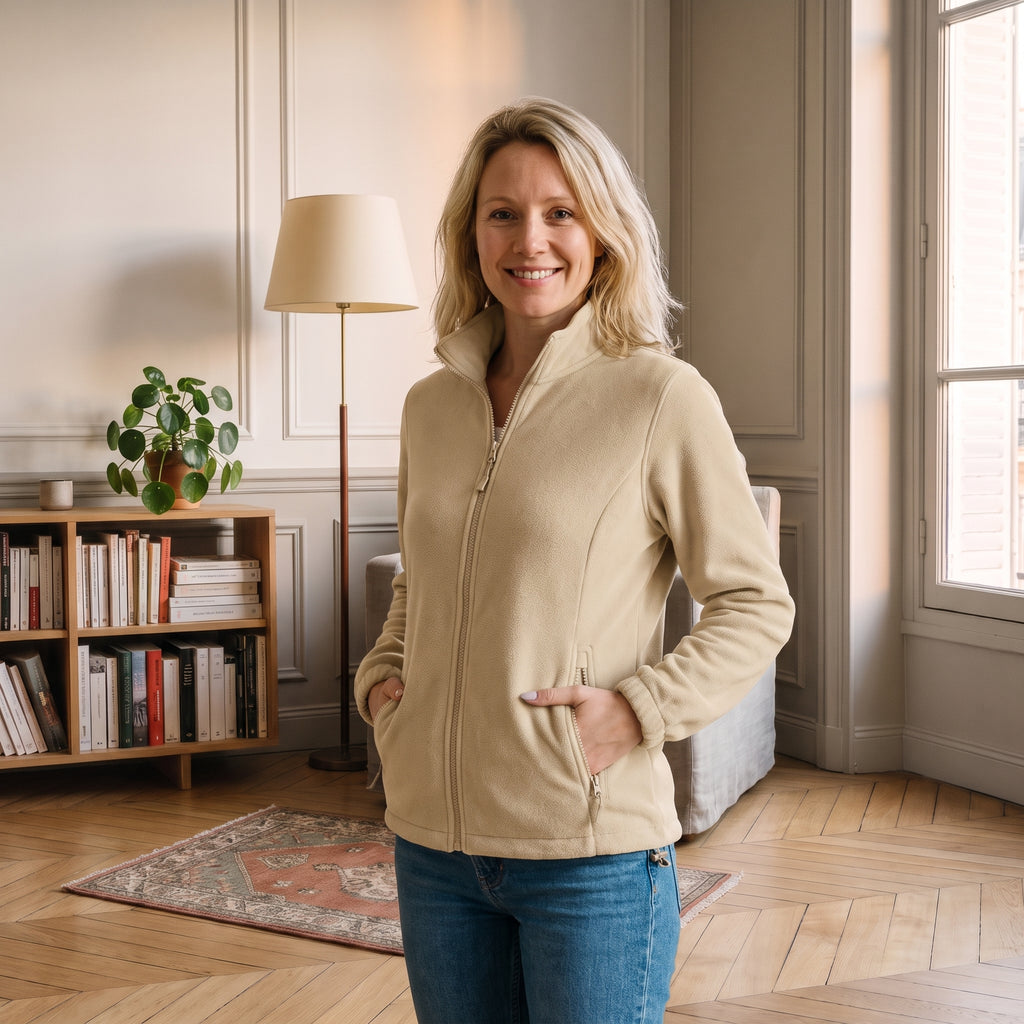 Veste polaire beige portée dans un coin lecture chaleureux