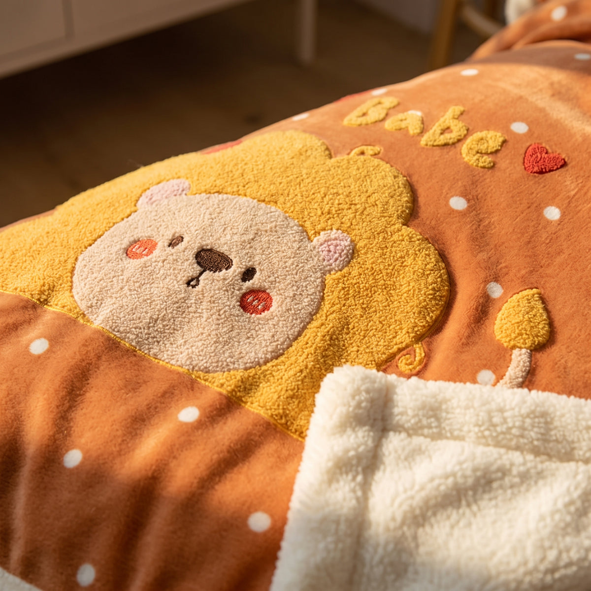 Détail de l'applique brodée de la parure de lit enfant au petit lion