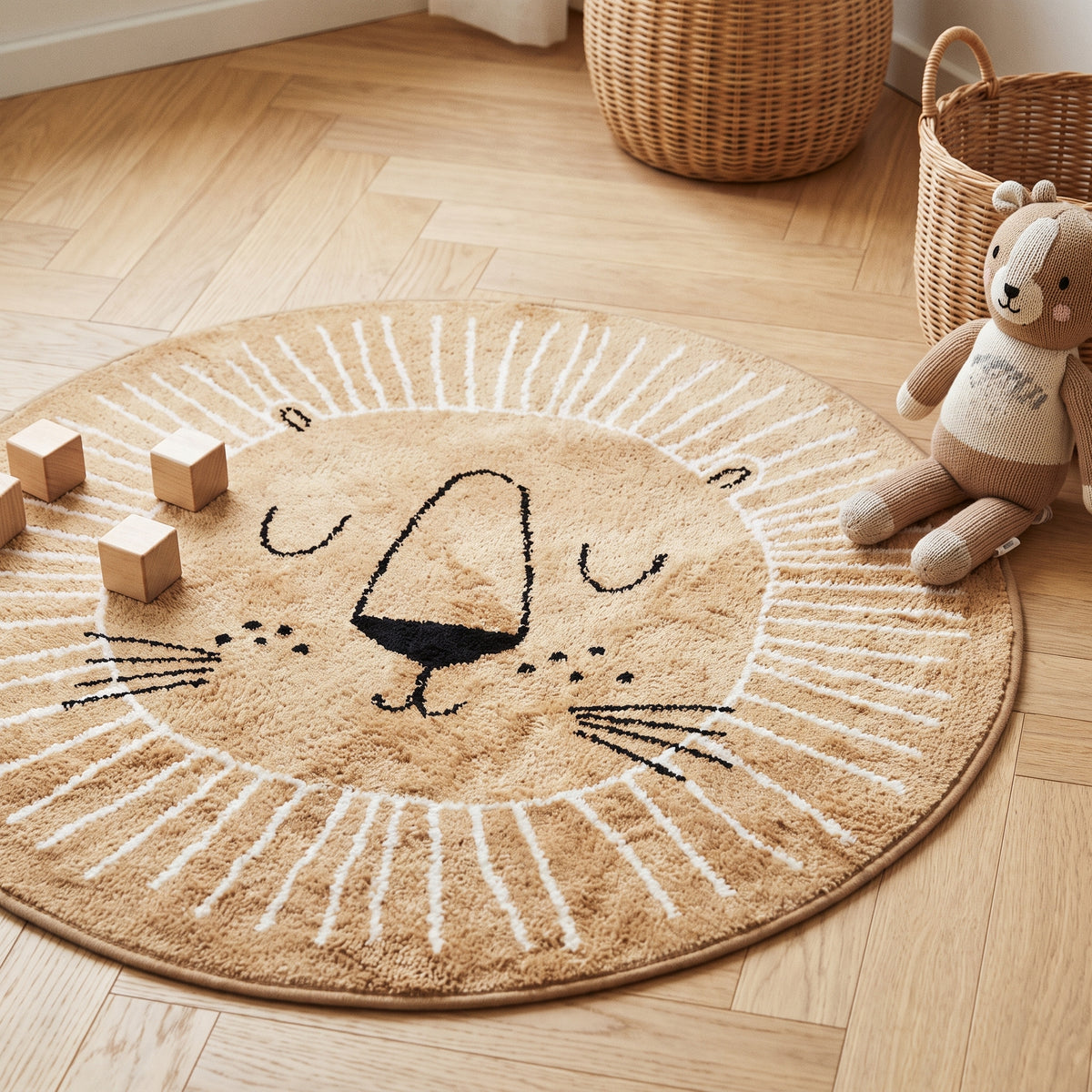 Tapis enfant rond lion beige dans un coin jeu, avec des cubes en bois et une peluche