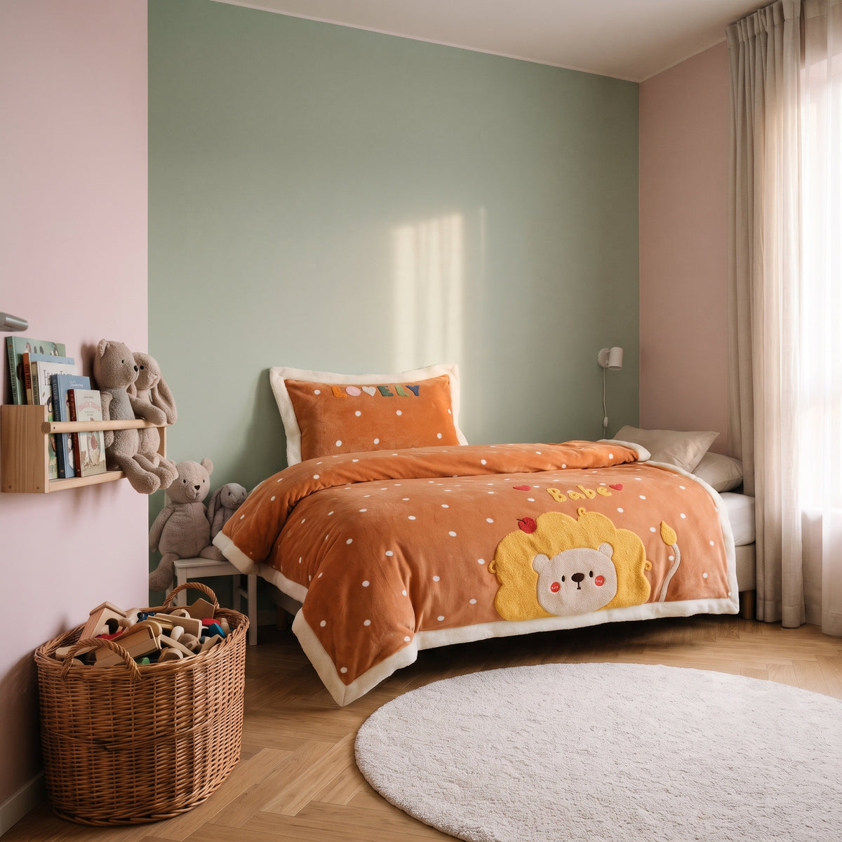 Parure de lit enfant au petit lion, la taie d'oreiller et la couverture sur le lit