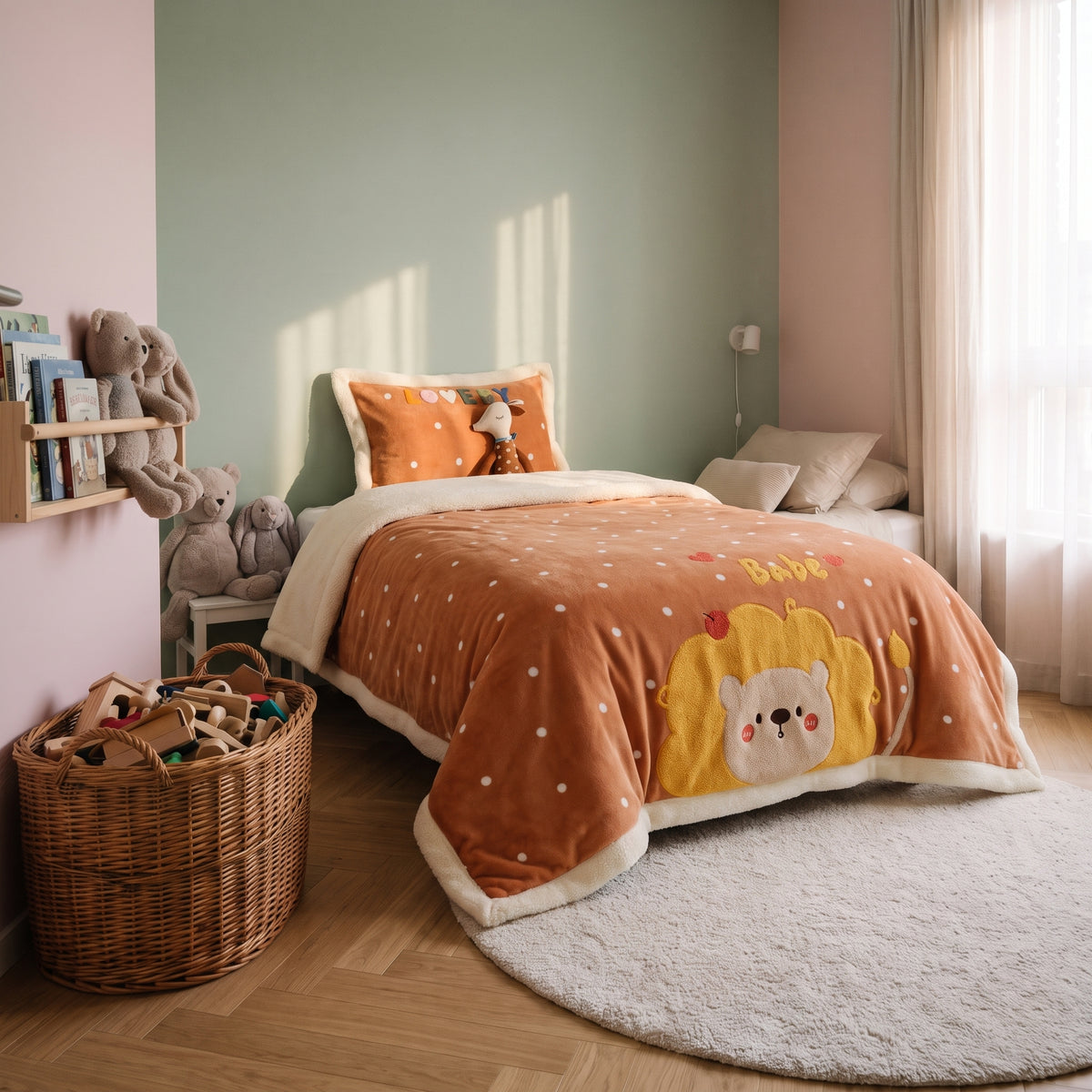 Parure de lit enfant au petit lion, dépliée sur un lit d'enfant
