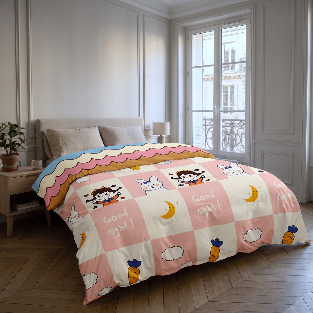 Housse de couette réversible Good night sur un lit deux places