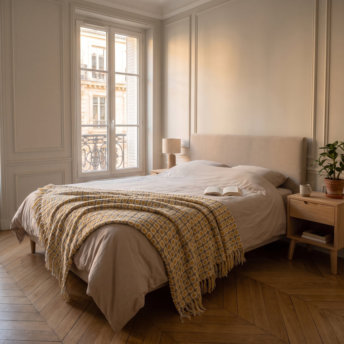 Plaid tricoté à losanges moutarde déplié en travers d'un lit