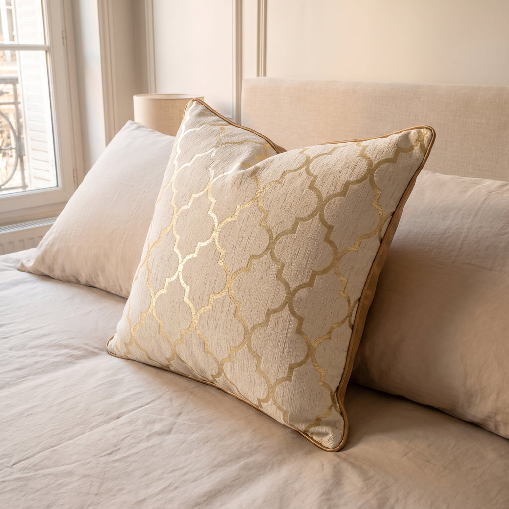 Le coussin ivoire à motif doré posé contre les oreillers d un lit