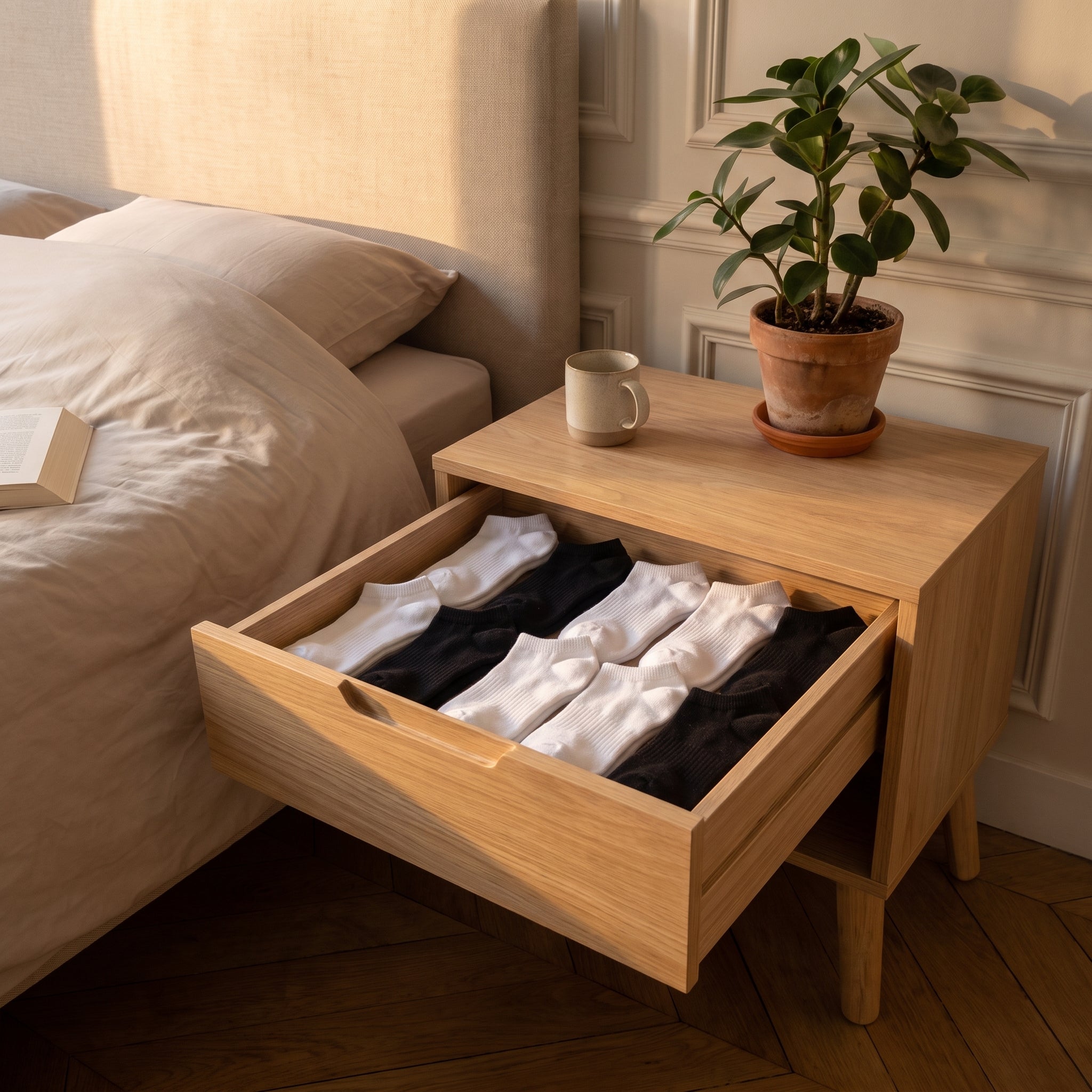 Chaussettes blanches et noires rangées dans un tiroir en bois clair. Image