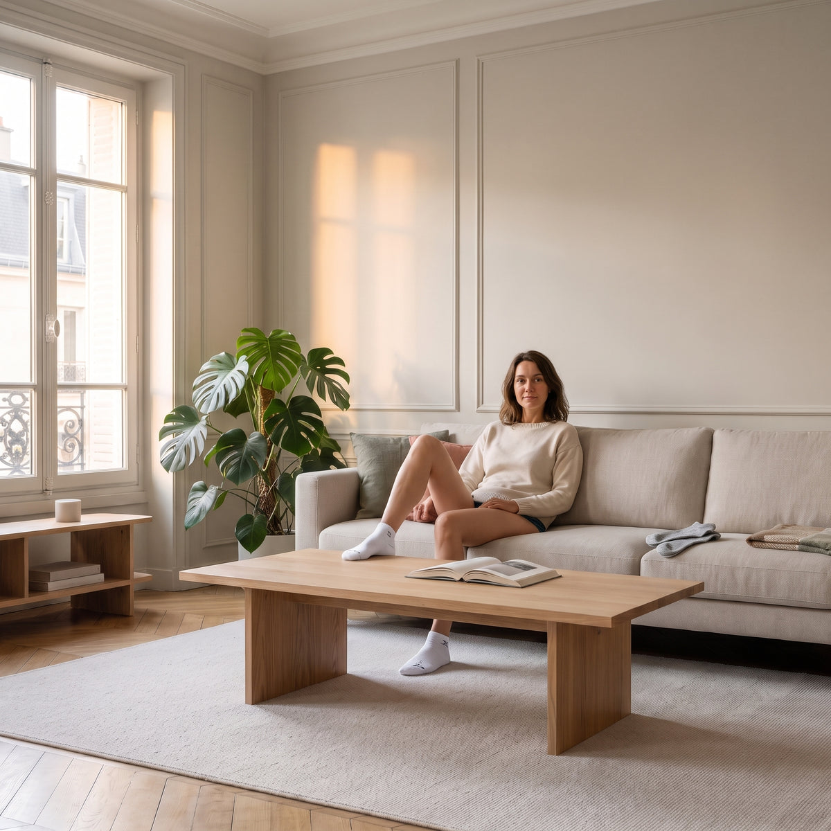 Femme en chaussettes blanches, paire grise pliée près d'elle sur le canapé.